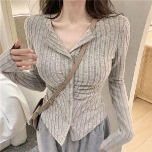 COSE Long-sleeved Slim Tops Korean Temperament Knitwear Tops Irregular Casual V Neck Pullover Women