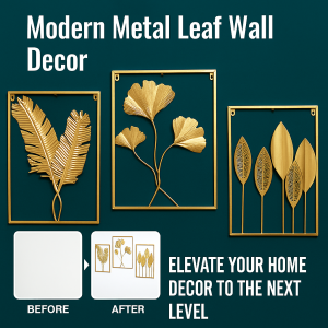 Living Room Metal Art Leaves Decorative Wall Hanging Wall Decor Metal Square Frame Leaf Art Gold Framed Home Decoration