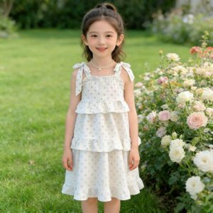 Cute Ruffle Tiered Printed Heart Polka Design Sleeveless Flowy Summer Beach Party Dress for 5-12Y Girls