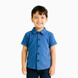 Bronkis Junior Kemeja Anak Laki Laki Lengan Pendek Bahan Pique Warna Biru Denim untuk usia 0-6 tahun