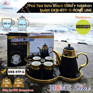HOME LINE 6 pcs cangkir teh keramik + teko + tatakan bulat / coffee tea set cup and saucer porcelain Blackgold