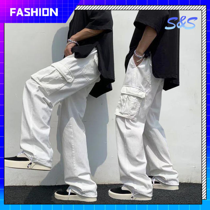 SS ( Elastic waist) Black/White 6 Pocket Cargo Pants For Men Solid Color  Overalls Loose Straight Trousers