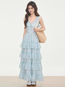 2026 New Summer Women Mint Green Floral Printed Long Dress For Petite Ladies