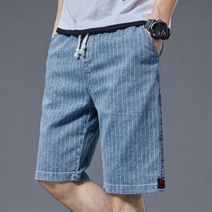 Summer Denim Shorts Mens Thin Loose Outwear Cropped Pants Fashion Stripe Lace Large Casual Pants