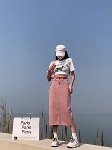 COD Skirt Denim Tepian Bergerigis Warna Merah Jambu Kotor Wanita Musim Panas Nipis Rasa Reka Bentuk Pinggang Tinggi Kelihatan Kurus Skirt Pungg Pecah Hujung Pertengahan Panjang Sem