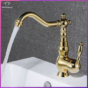 HKStorage Copper European style gold faucet antique basin cold and hot faucet sink sink sink antique rotating faucet