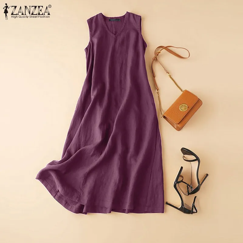 ZANZEA Women Casual Loose Plain Tank Dresses Sleeveless Cotton A-Line Maxi  Dress #2
