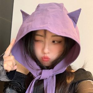 VBNFH สไตล์เกาหลีแบบ ผ้าคลุมศีรษะเขาปีศาจน้อย สีทึบทึบ แบบแห้งเร็ว หมวกสายรัด แฟชั่นสำหรับผู้หญิง หมวกบังแดด หมวกบีนนี่ สาวๆ