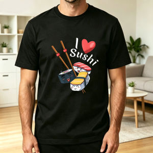 I Love Sushi Cartoon Sushi Chopsticks Graphic Print Loose Black Short Sleeve Tee Men T Shirt Casual Daily Food Lover Outfit