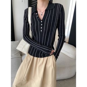 2026 Autumn Women Lapel Half Open Button Retro Striped Texture Long Sleeve Knit Top Fashion Sweater