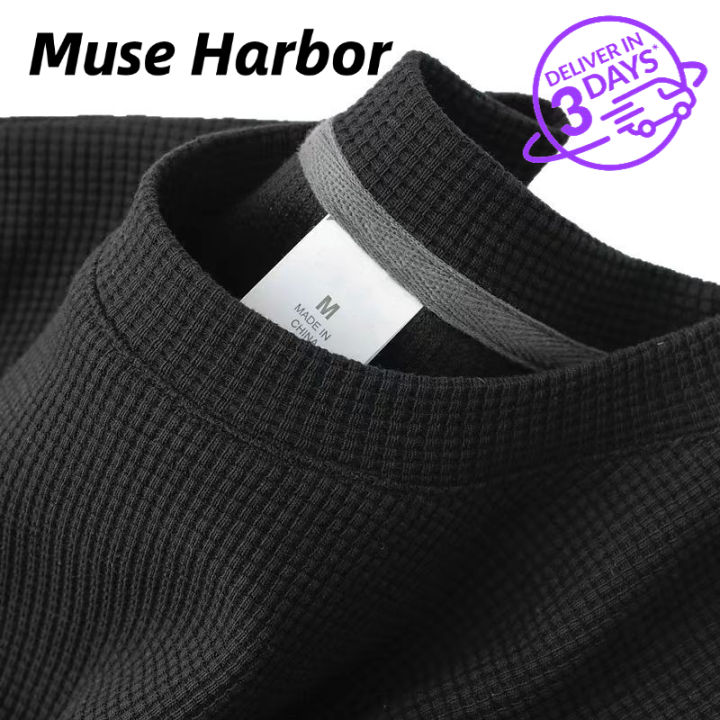 Muse Harbor ⚡️การจัดส่งภายใน 3 วัน⚡️เสื้อยืดผู้ชายแขนสั้นวาฟเฟิลดอกคอ ...