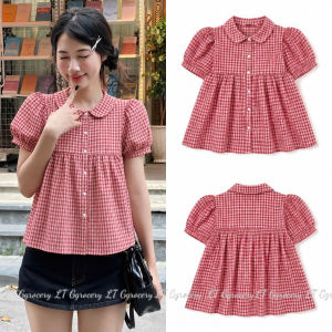 Áo sơ mi babydoll dễ thương mặc hè cài nút cổ bèo tay bồng kẻ sọc kate Hàn Quốc