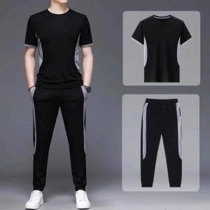 Naimo Summer Casual Clothes Mens Sports Suit Mens Fashion All-match Stitching Short-sleeved Trousers Two-piece Set