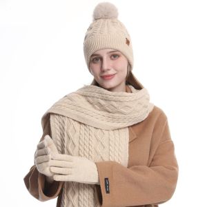 LANDIS 3-Piece Set Hat Scarf Gloves Set Thermal Twist Warm Knit Cap Fleece Lined Thickened Winter Beanie Hat Women