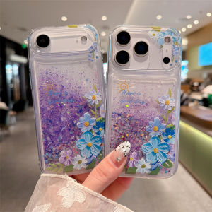 Cute Flowers Luminous Quicksand Case for IPhone 17 16 15 Pro Max Gloss Sequins Coque Transparent Liquid Cover Soft Shell Capinha
