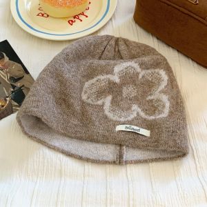 BESTITIT Bảo vệ tai Mũ len Họa tiết hoa Phong cách Hàn Quốc Mũ trùm đầu chống lạnh Thời trang Mũ trùm đầu Mùa Thu Đông