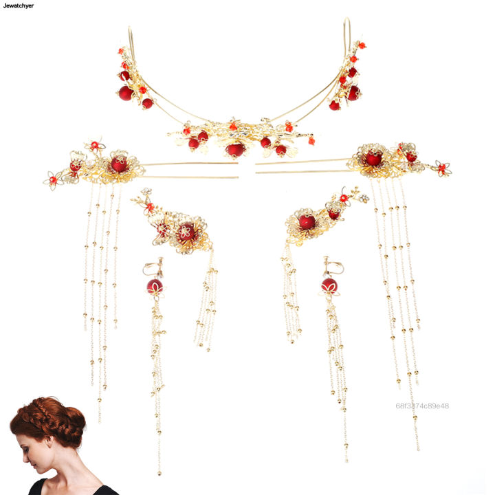 Trung Quốc Tóc Đũa Tóc Vòng Bộ Hoa Đỏ Tóc Dính Hanfu Tua Dài Tóc Gậy ...