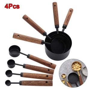 Q-1151 STORE 4Pcs Stainless Steel Measuring Cup Spoon Gold Silver Wooden Handle Baking Tool Durable Black Coffee Measuring Spoon Bartending Scale Accessories