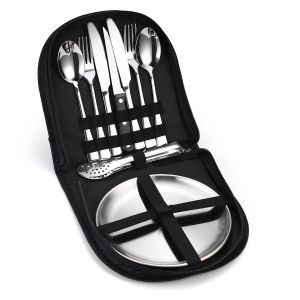 Portable Stainless Steel Knife Fork Spoon Gold For Couple 2 Person Outdoor Camping BBQ Plate Tableware 10-Piece Set CS09