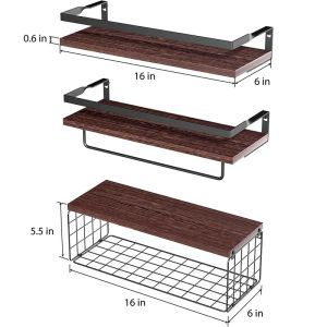 Bathroom Shelves with Storage Basket Wall Mounted Shelf Wood Home Wooden Wall Organizer Hanging