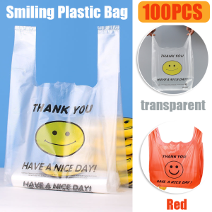 100PCS/200PCS Thank You Printed Plastic Bag Smile Face Plastic Bag Sando Bag Transparent Red Bag