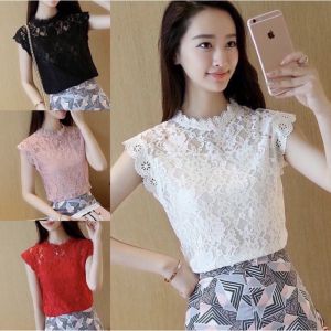 เสื้อลูกไม้แขนสั้น รูปแบบปลายแขน เสื้อเป็นผ้าลูกไม้ 4 สี (ชมพู, แดง, ขาว, ดำ) สี S และ XL ซับให้เลือก