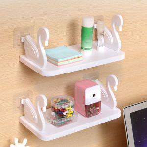 NCNC(OKDEALS01) White/Grey Swan Shelf Self-Adhesive Plastic Bathroom Storage Rack Multifunctional Wall Mounted Floating Shelf Home