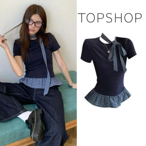 STR พร้อมส่ง🫐เสื้อยืนแขนสั้นสีนำ้เงิน ดีเทลเย็บชายระบายสายสก๊อต แถมโช้คเกอร์ ผ้าเรยอน สไตล์เกาหลีสำหรับผู้หญิง CropTop