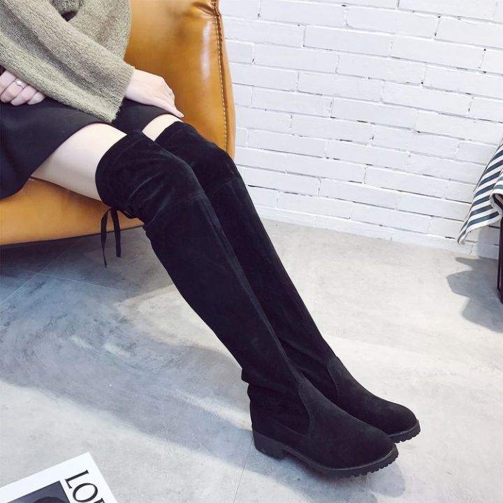 NEW Korea Fashion Over The Knee Black Boots Low Heel Suede HIgh Women
