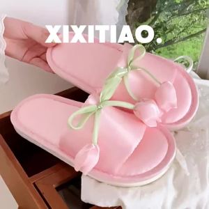 XIXITIAO Indoor slippers Silk Satin Tulip Bowknot Sweet Lightweight Home Slippers Fashionable All-Season Comfortable Womens Floor Shoes