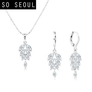 SO SEOUL Callista Leaf Branch Diamond Simulant Hoop Earrings and Necklace Set