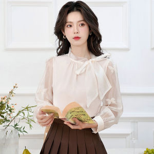 AMMIN French Style Pearlescent Cream Apricot Bow Stand Collar Commuter Chiffon Blouse for Women 2025 Early Spring Long Sleeve Professional Commuter Sweet Beaded Bow Decoration Long Sleeve Elegant Blouse