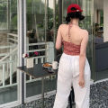 [W0282] เสื้อคล้องคอ ลายสก็อตแดง แต่งขอบลูกไม้สีขาว เกาะอกคล้องคอ เข้ารูป สวยเซ็กซี่ แมทซ์ง่าย สไตล์เกาหลี. 