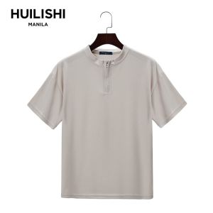 HUILISHI 6color Korean fashion loose mens zipper Chinese collar short-sleeved Plain shirt