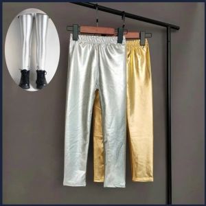 DOWNA Faux Leather Kids Leggings Gold Silver Elastic Pencil Pants Fashion Skinny Girls