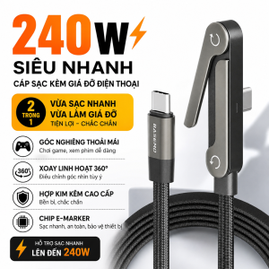Cáp Sạc Type C to Type C 240W 1M - Sạc Siêu Nhanh Dây Bọc Dù Chống Rối Tích Hợp Giá Đỡ Điện Thoại Vừa Sạc Vừa Chơi Game Xem Phim