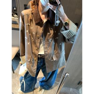 2026 Fall New Women Trendy Barn Style Embroidered Color Block Lapel Loose Casual Windbreaker Coat