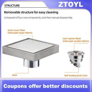 【ZTOYL】 Tile Insert Rectangular Floor Waste Grates Bathroom Shower Drain 100x100mm Stainless Steel Anti Odor Invisible Floor Drain Removable Shower Floor Drain Shower Floor Drain