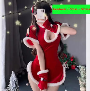 Women Christmas Lingerie Cheongsam Uniform Xmas Party Red Velvet Dress Cosplay Santa Claus Costume New Year Outfit Set