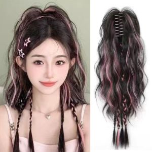 DAN S ผูกครึ่งเดียว ผมหางม้าตกคลิปหนีบเล็บ สั้นหยิก ไฮไลท์เน้น วิกผมถักเกลียว แฟชั่นแฟชั่นแฟชั่น หางม้าสูง วิกผมหางม้า สำหรับผู้หญิง