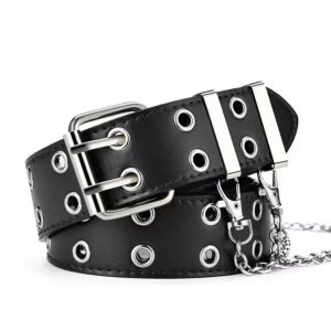Punk Style Belt Double Eyelet Jeans Pants Belt Y2k Belt Removable Chain PU Leather Belt For Woman