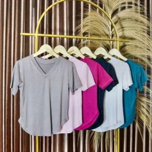 Atasan wanita lengan pendek kaos polos v-neck leher v kaos  adem olahraga wanita