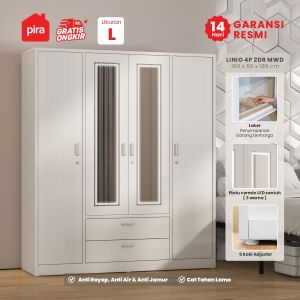 PIRA - LINIO 4P 2DR MWD Lemari Pakaian Besi 4 Pintu dengan Cermin LED dan 2 Laci