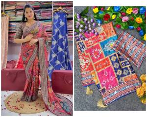 [PRE ORDER : 10 DAYS] Soft Chinon Silk Floral Saree with Real Mirror Handwork & Tassels (ST-0113) [Normal or Ready to Wear]