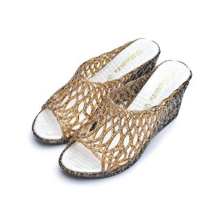 [Free Shipping] New Crystal Slippers Summer WomenS Jelly Wedge Heels Fashionable WomenS Shoes Non-Slip One-Strap High-Heeled Sandals Mesh Shoes