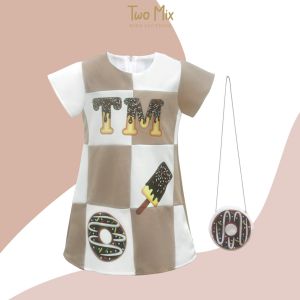 Baju Anak Perempuan Print Donut - Dress Anak Gratis Tas Donut Lucu 1-8 Tahun 4297