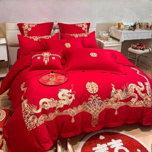 Bedding four-piece wedding red embroidery four-piece wedding room bedding kit wedding quilt dragon and phoenix bed sheet quilt cover four-piece set (bed sheet * 1 quilt cover * 1 pillowcase * 2)