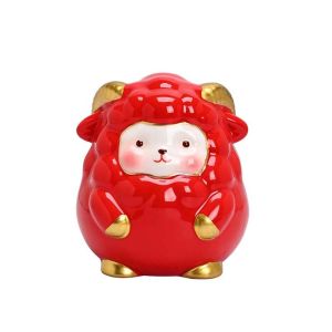 BLISSFUL Guochao Style Red Ceramic Sheep Bank Porcelain Material Golden Accent Zodiac Money Bank Festival Ornament Vibrant Color Lamb Saving Pot Spring Celebrations