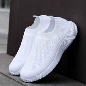 New Women Korean Style Slip On White Sneakers Shoes Lightweight Breathable Flat All Black Casual Rubber Shoes For Women On Sale
