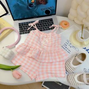 เด็กผู้หญิง ฤดูร้อนทูพีซสูทลายสก๊อตโบว์สูทสายกระโปรงลายสก๊อตเสื้อชั้นในลายสก๊อต